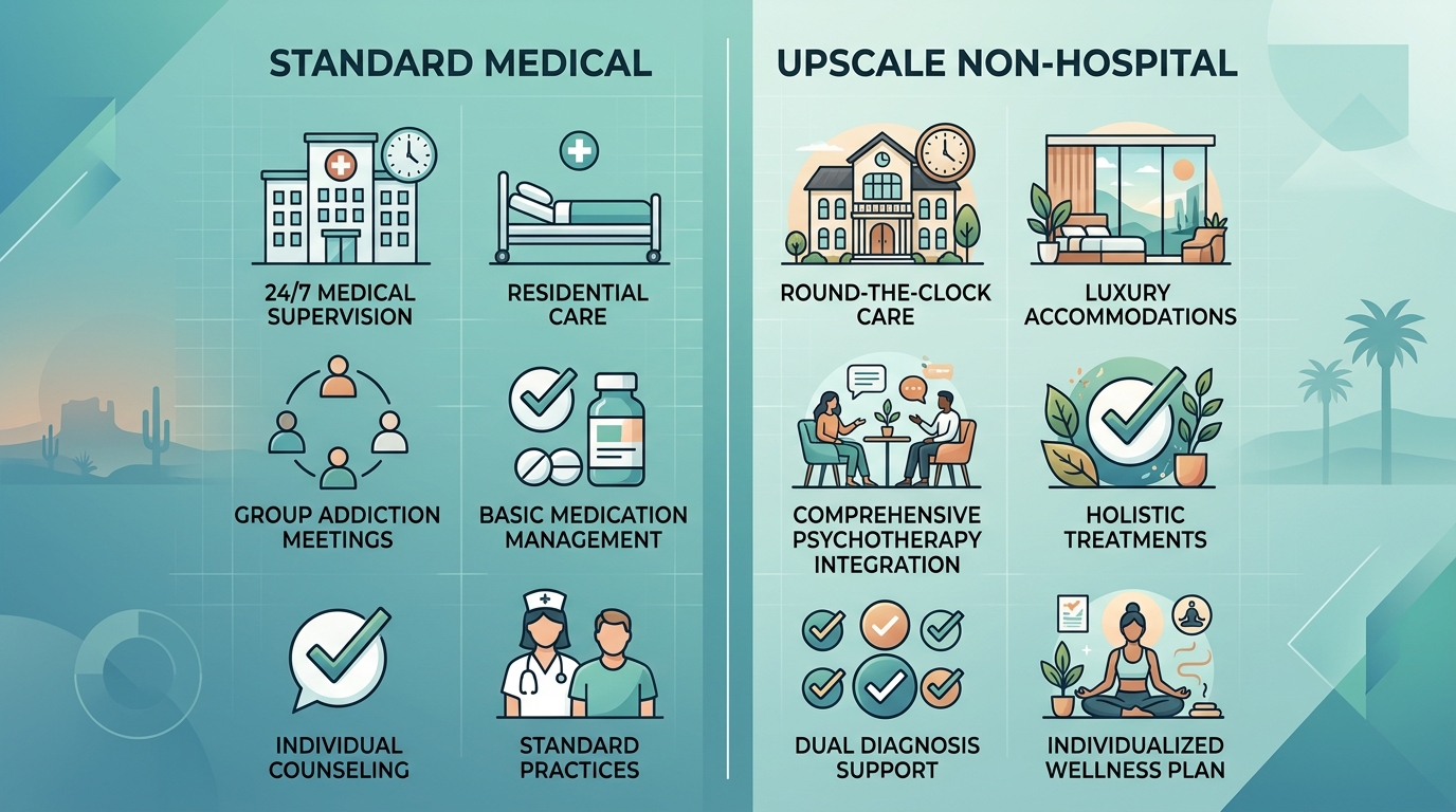 Infographic comparing standard vs upscale drug detox features in Central Phoenix and North Phoenix/Scottsdale areas