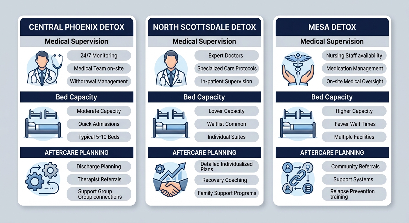 Infographic comparing detox features including medical supervision, bed capacity, and aftercare planning across Phoenix Central, North Scottsdale, and Mesa areas