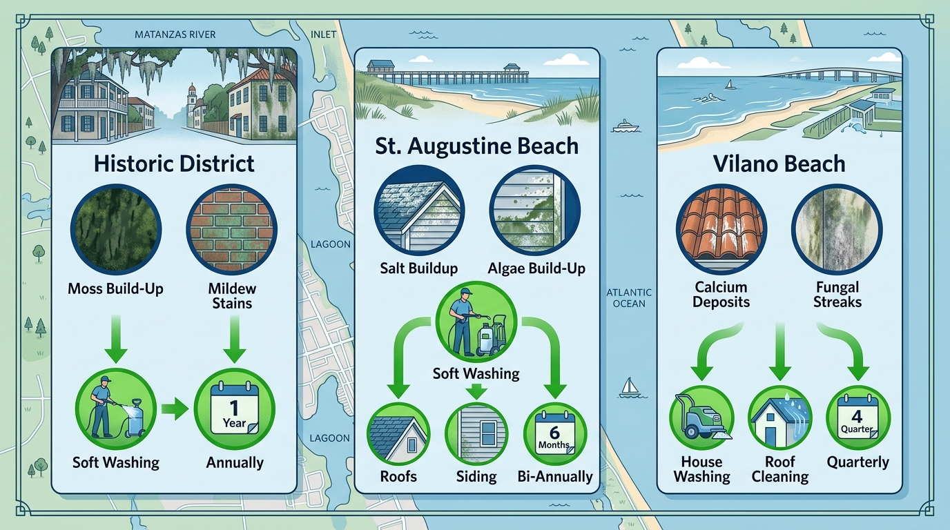 Infographic comparing exterior cleaning needs in St. Augustine Historic District, Beach, and Vilano Beach neighborhoods