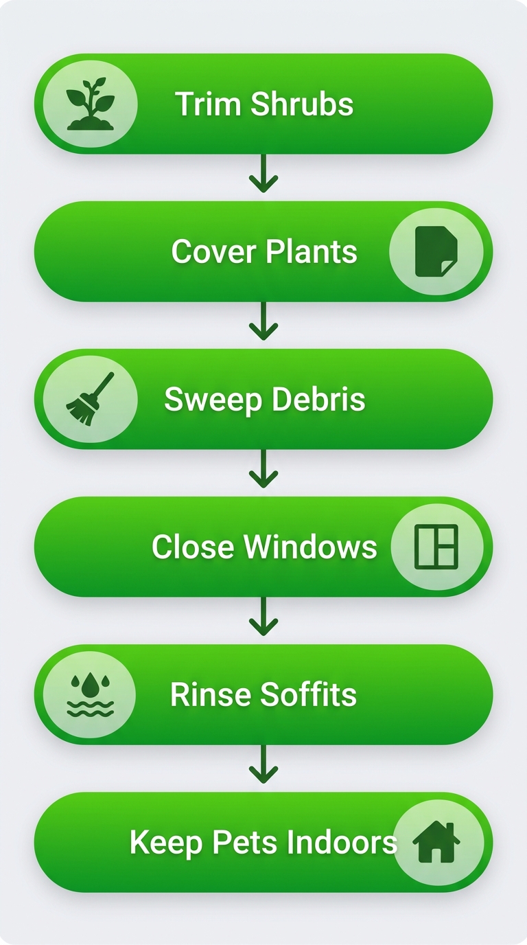 Vertical process flow diagram of 6 preparation steps for soft washing homes in St. Augustine: trim shrubs, cover plants and furniture, sweep debris, close windows and doors, rinse soffits and gutters, keep pets and children indoors.