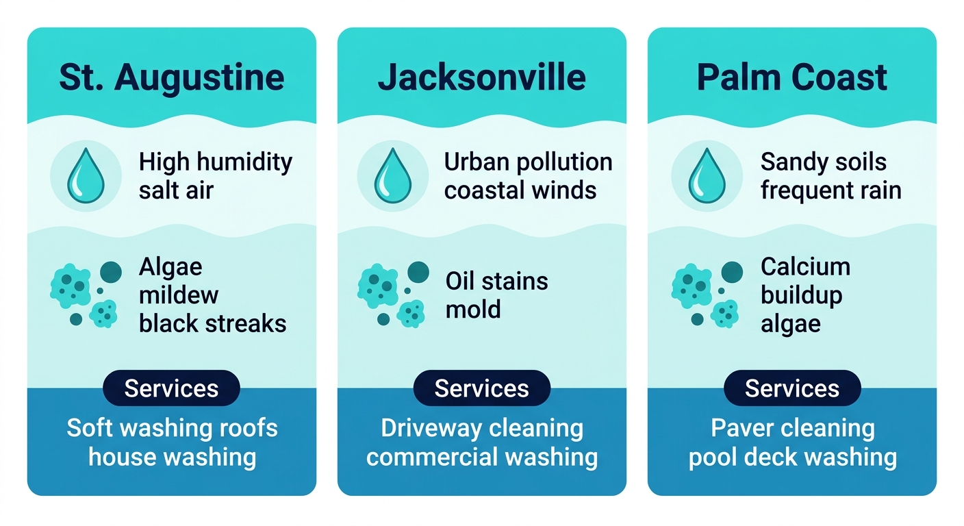 Infographic table comparing climate challenges, common stains, and recommended cleaning services for St. Augustine, Jacksonville, and Palm Coast in Northeast Florida.