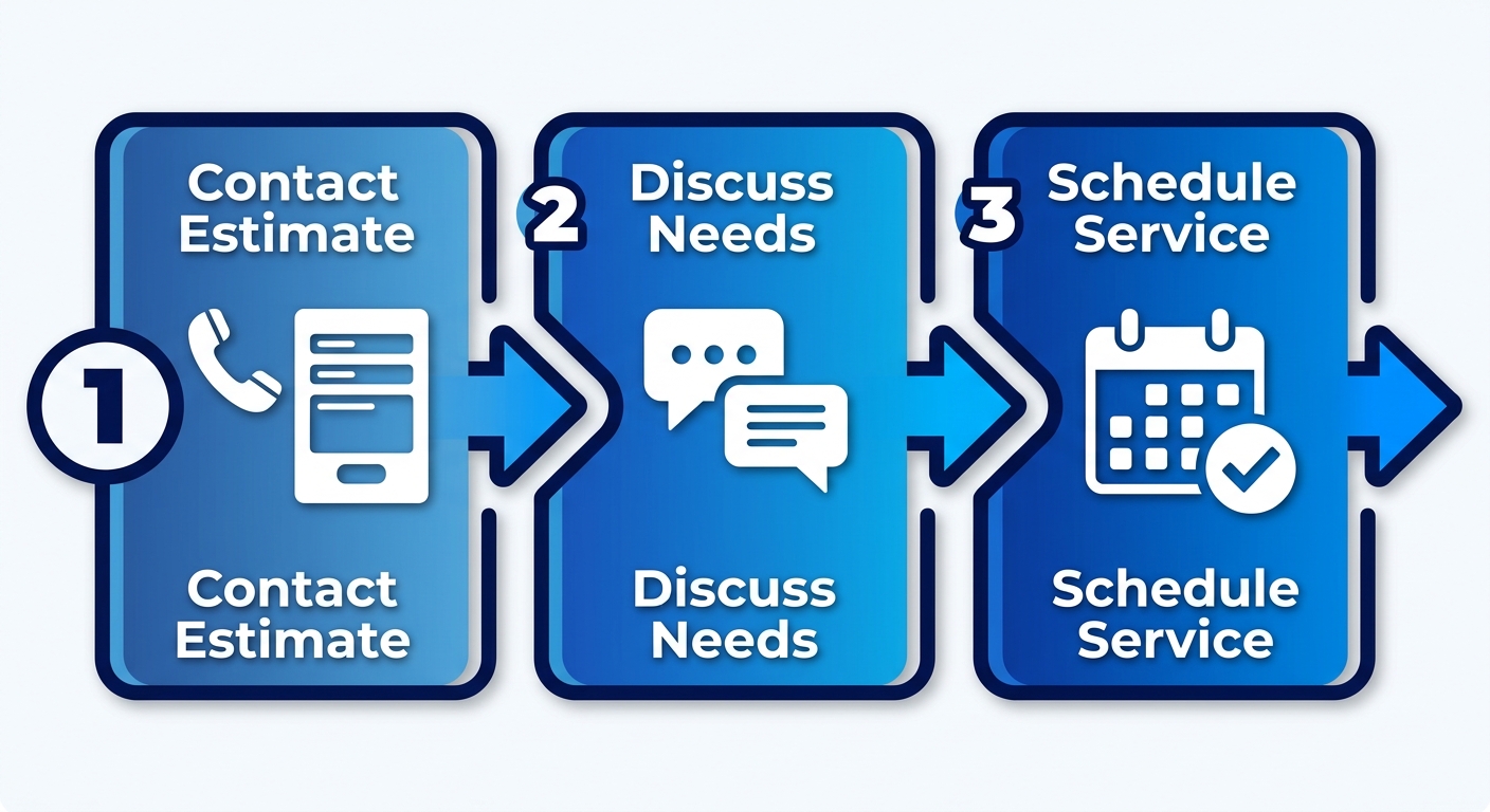 Horizontal process flow diagram for 3 steps: contact for estimate, discuss needs, schedule pressure washing service