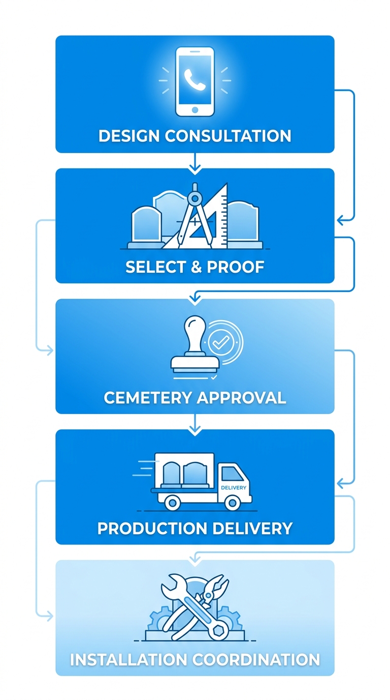 Vertical process flow diagram illustrating five steps for ordering memorials at El Toro Memorial Park: consultation, design, approval, production, and installation.