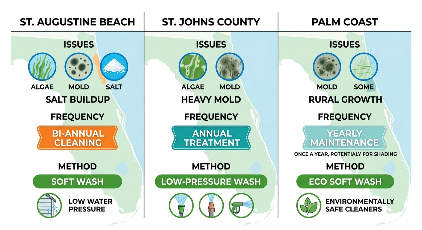 Infographic comparing exterior cleaning issues, frequencies, and methods in St. Augustine Beach, St. Johns County, and Palm Coast areas