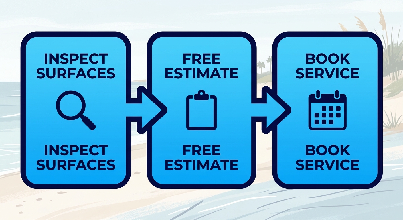 Horizontal process flow diagram illustrating three steps to start pressure washing: inspect surfaces, get free estimate, book service with icons.