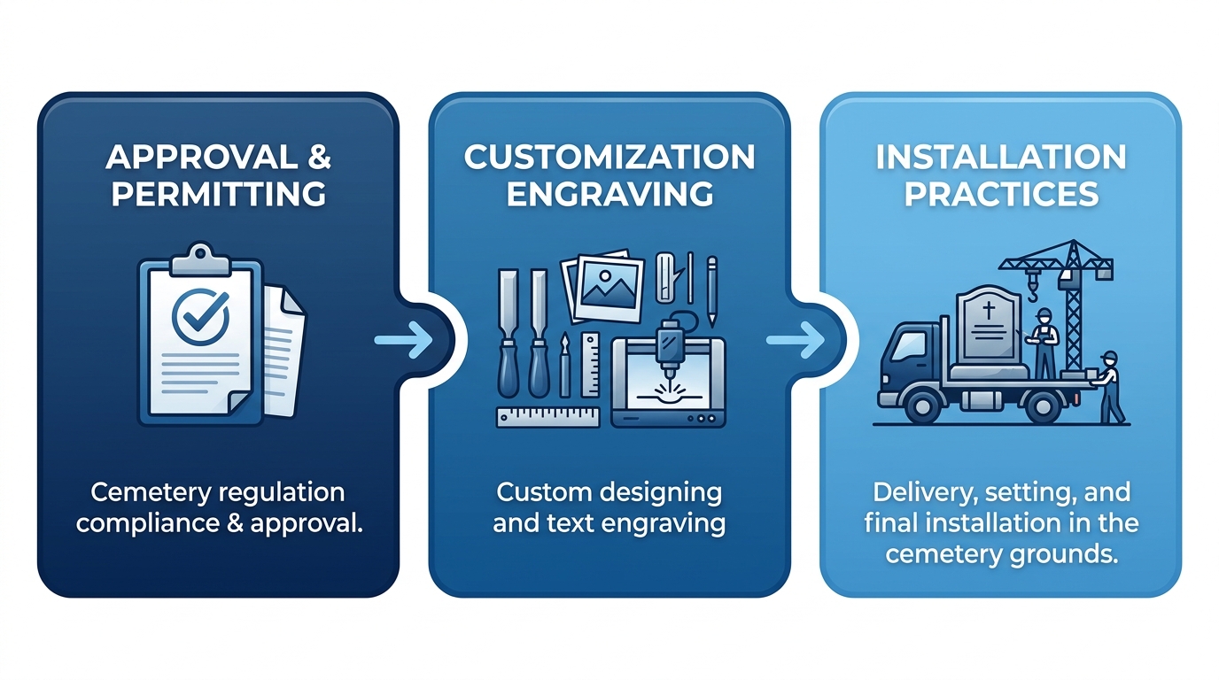 Horizontal process flow diagram for Fairhaven Memorial Park memorial process: approval and permitting, customization with porcelain and engraving, installation best practices