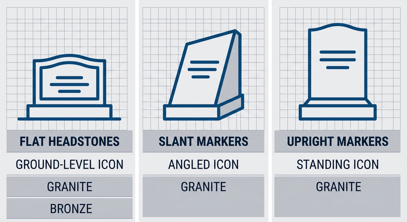 Infographic showing permitted marker types at Fairhaven Memorial Park: flat headstones with granite and bronze, slant markers with granite, upright markers with granite.