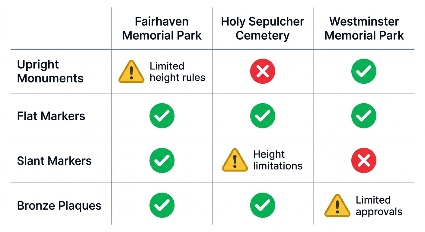 Infographic table comparing headstone regulations at Fairhaven Memorial Park, Holy Sepulcher Cemetery, and Westminster Memorial Park using icons for yes, no, and limited options.