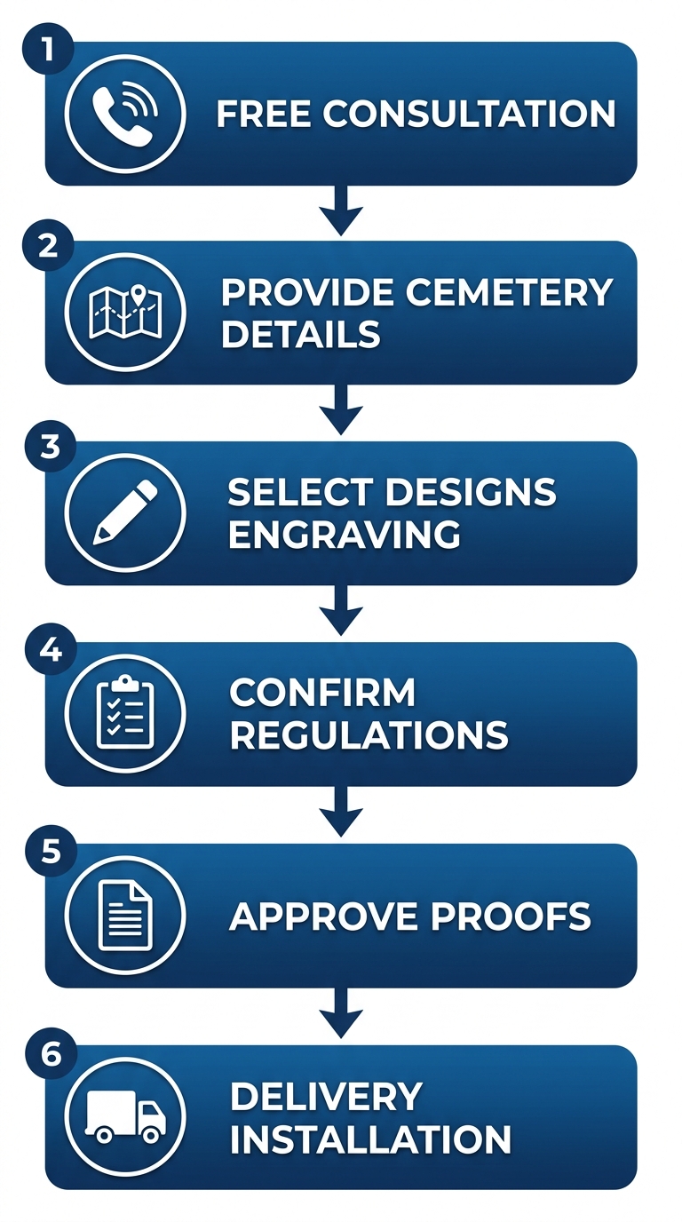 Vertical process flow diagram illustrating 6 steps to purchase and install compliant memorials at Pacific View Memorial Park