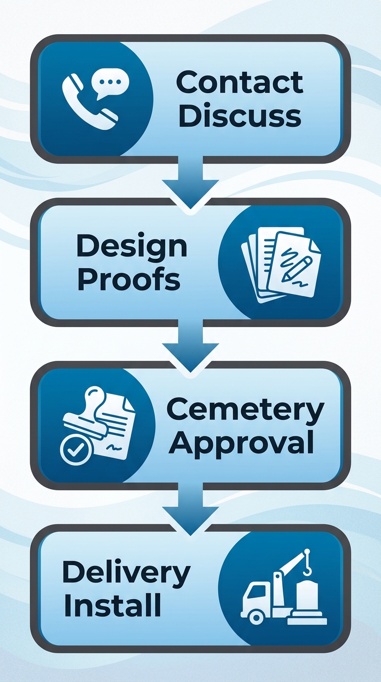 Vertical process flow diagram illustrating the four steps to order custom memorials for Pacific View Memorial Park