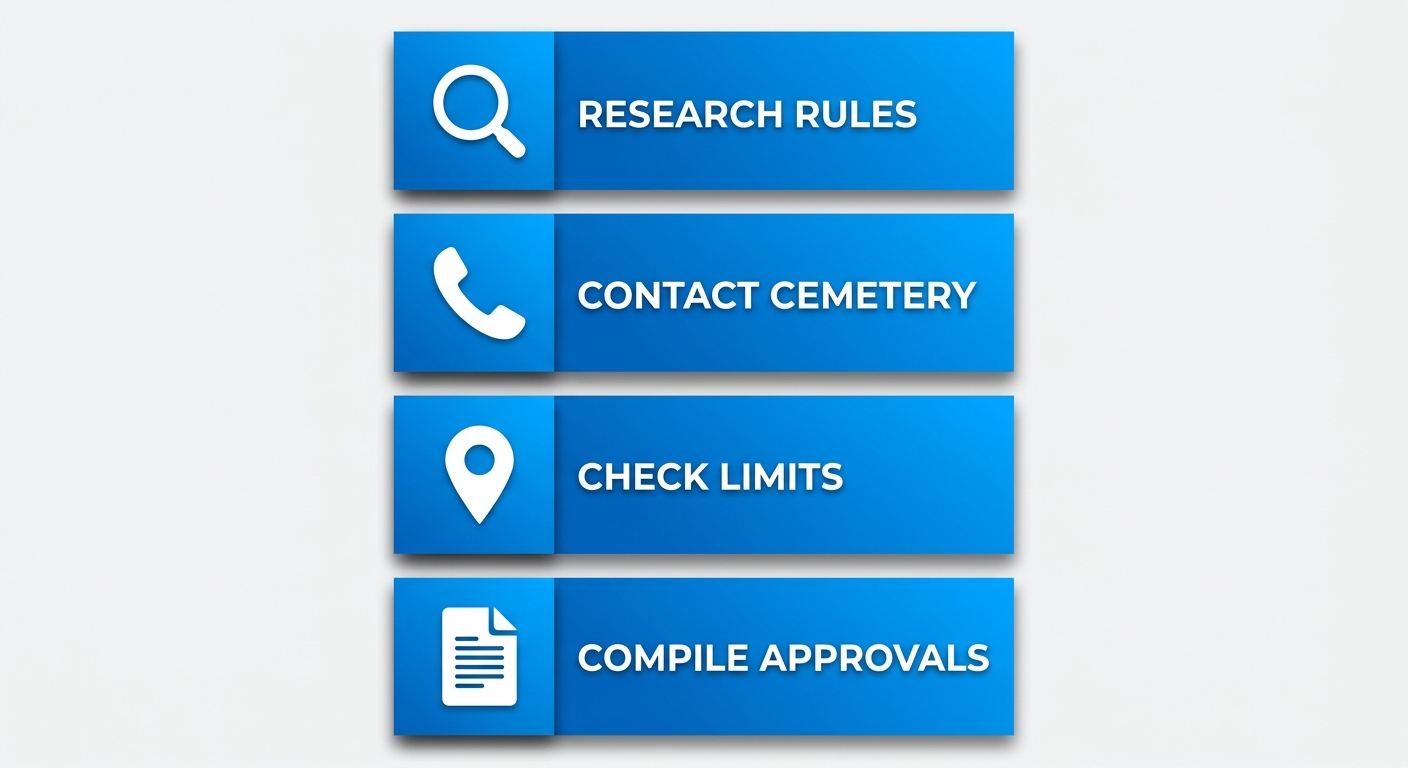 Vertical process flow diagram of four essential preparation steps before ordering headstones: research rules, contact cemetery, check service limits, compile approvals and designs.