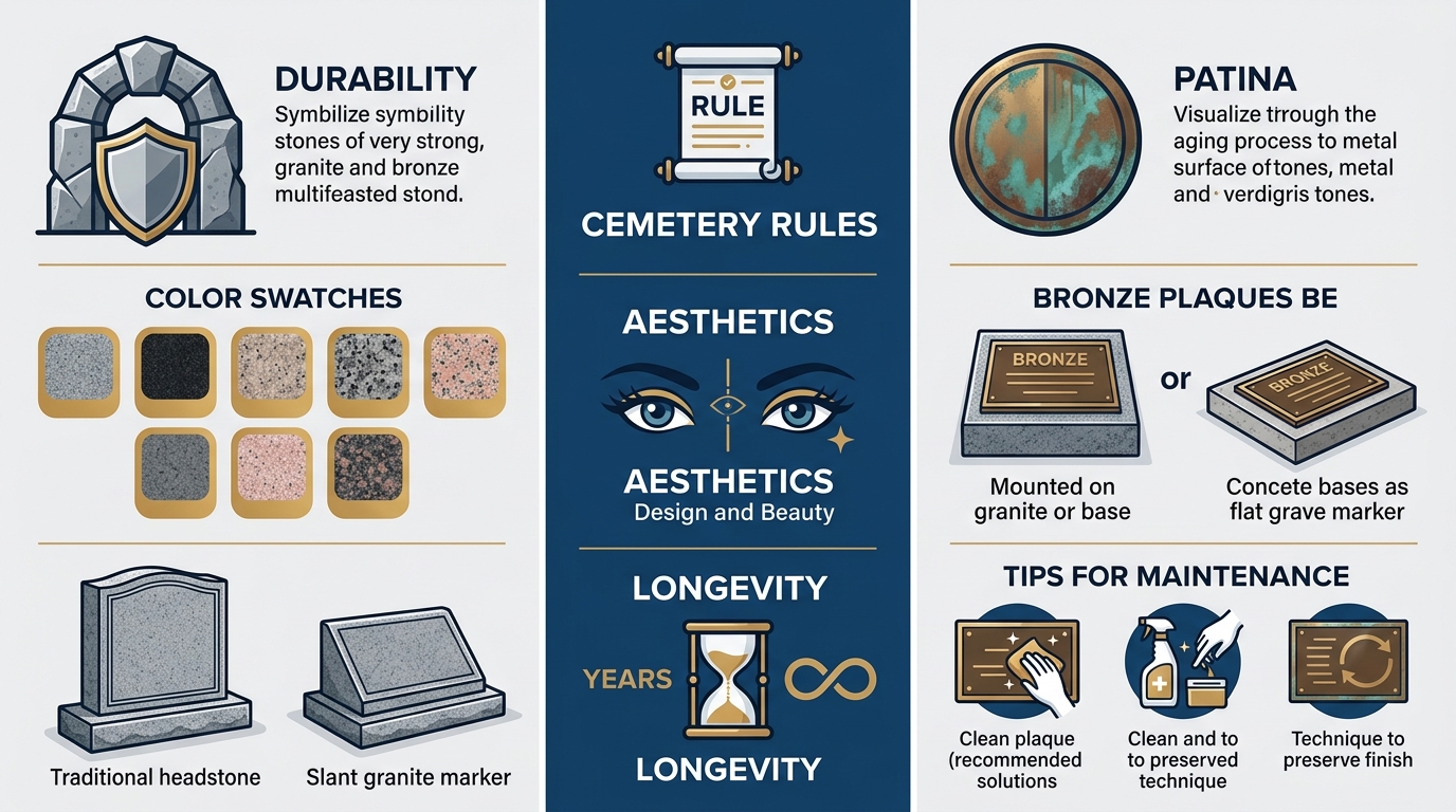 Infographic comparing granite and bronze headstone materials with icons for durability, colors, patina, and decision factors like cemetery rules.