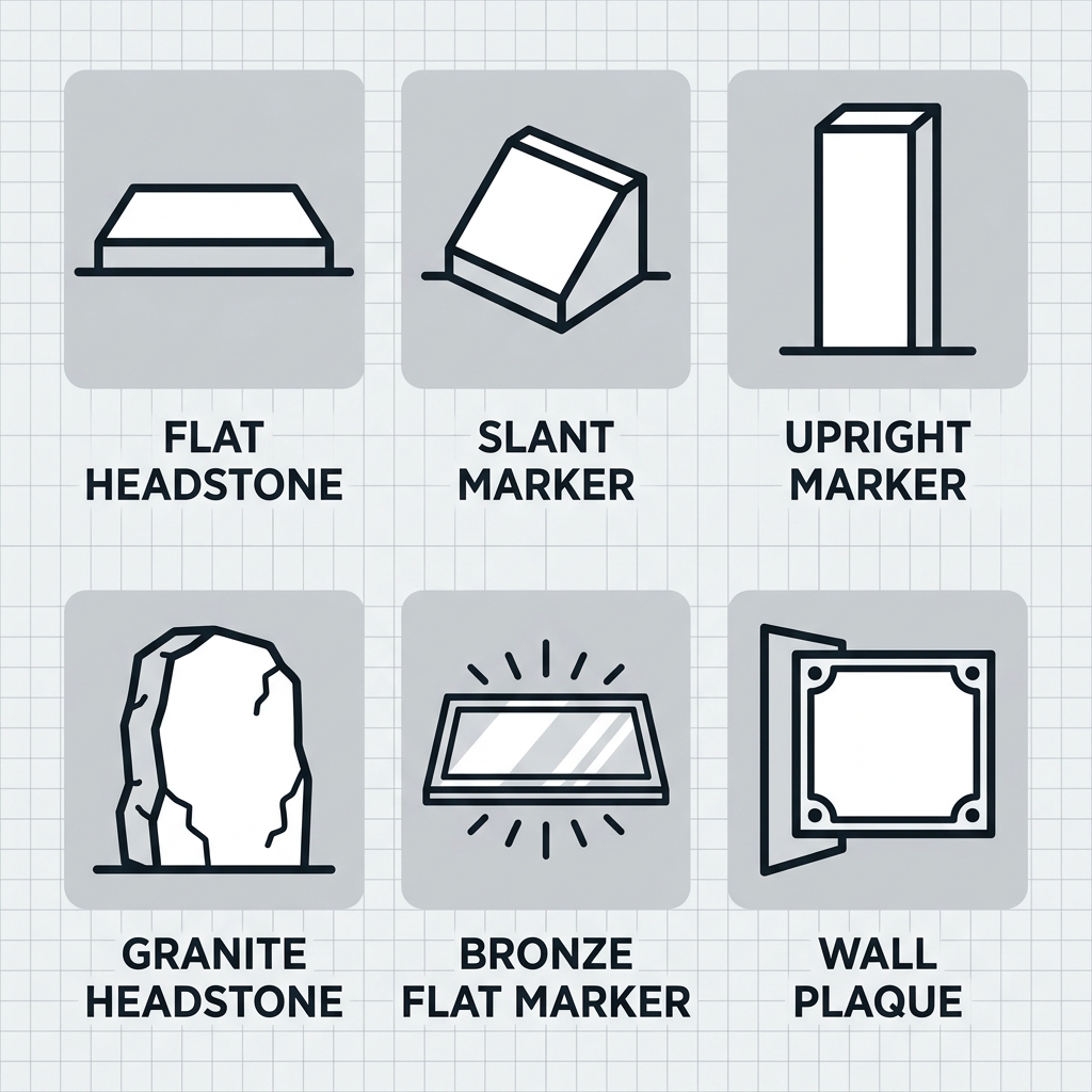 Square grid of six outline icons depicting allowed grave marker types: flat headstone, slant marker, upright marker, granite headstone, bronze flat marker, wall plaque.