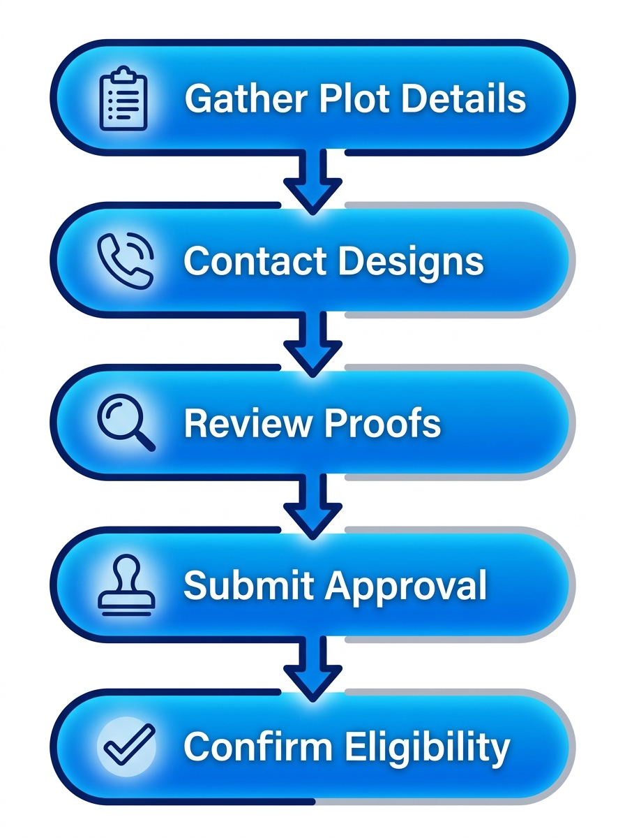 Vertical process flow diagram showing five steps for preparing a memorial purchase at Pierce Brothers Valley Oaks Memorial Park: gather cemetery plot details, contact American Headstones, review digital proofs, submit for cemetery approval, confirm service eligibility.
