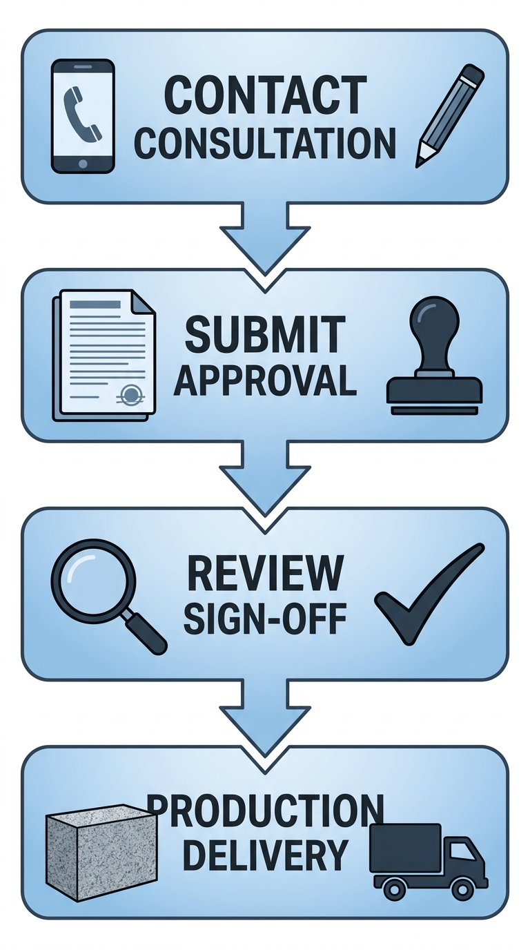 Vertical process flow diagram illustrating the four-step ordering process for custom memorials at El Toro Memorial Park