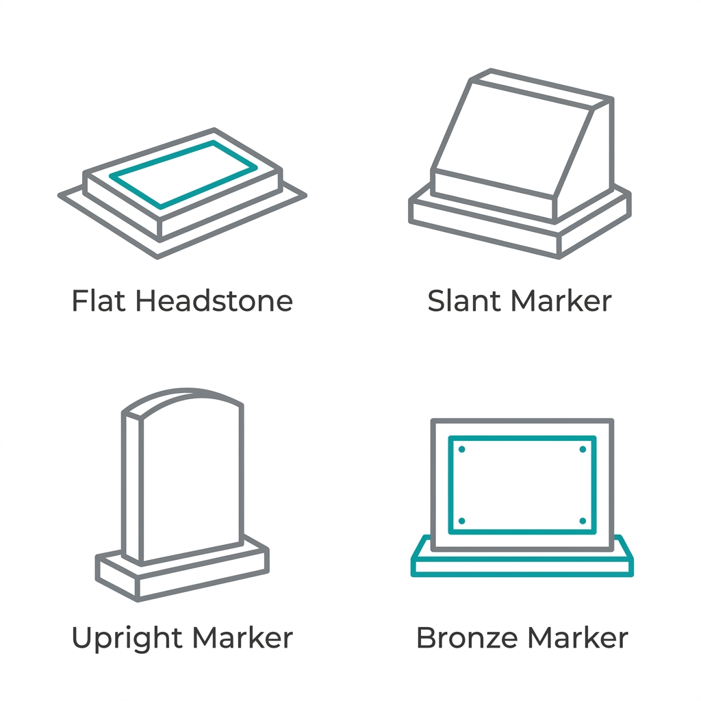 2x2 grid of outline icons depicting flat headstone, slant marker, upright marker, and bronze marker compatible with Rose Hills cemetery rules