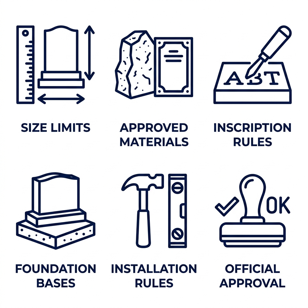 Grid of six icons depicting headstone regulations: size limits, permitted materials, inscription guidelines, foundation requirements, installation rules, and cemetery approval at El Camino Memorial Park in Sorrento Valley