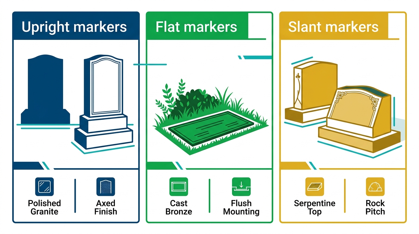 Infographic illustrating headstone size and material guidelines for El Camino Memorial Del Mar with upright, flat, and slant markers in color-coded sections