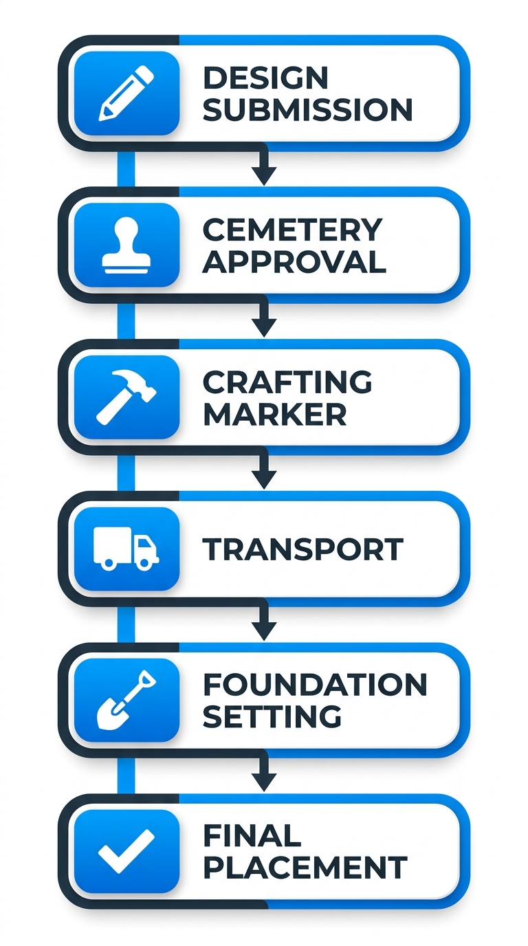 Vertical process flow diagram illustrating six stages of headstone installation at Greenwood Memorial Park with icons and minimal labels