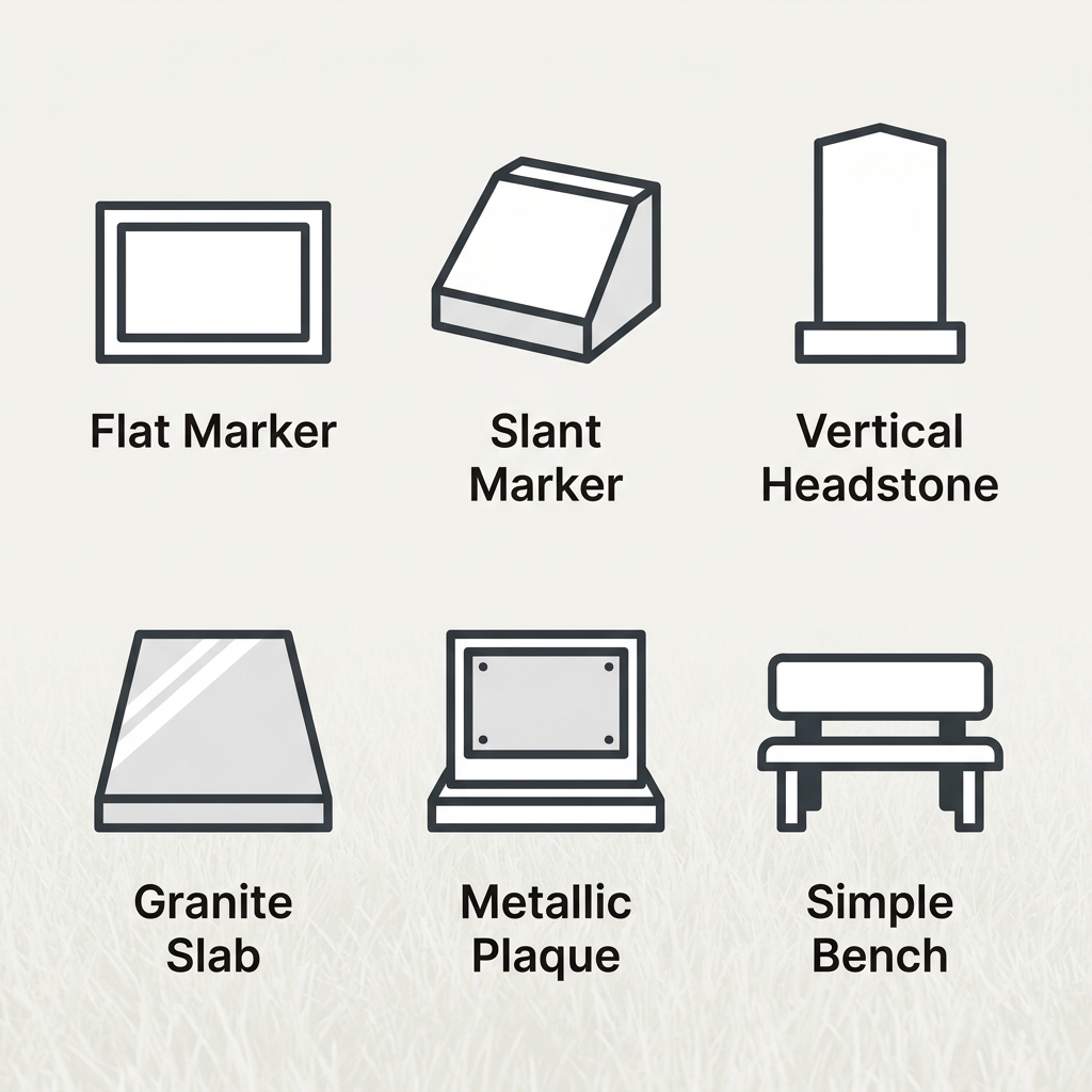 Icon grid of allowed headstone types at Greenwood Memorial Park: flat, slant, upright, granite, bronze, and bench markers