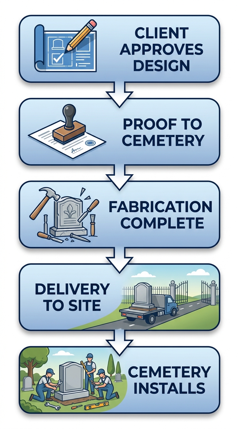 Vertical process flow diagram of headstone installation at Eternal Hills Memorial Park with five stages: client approval, proof to cemetery, fabrication, delivery, and cemetery installation.