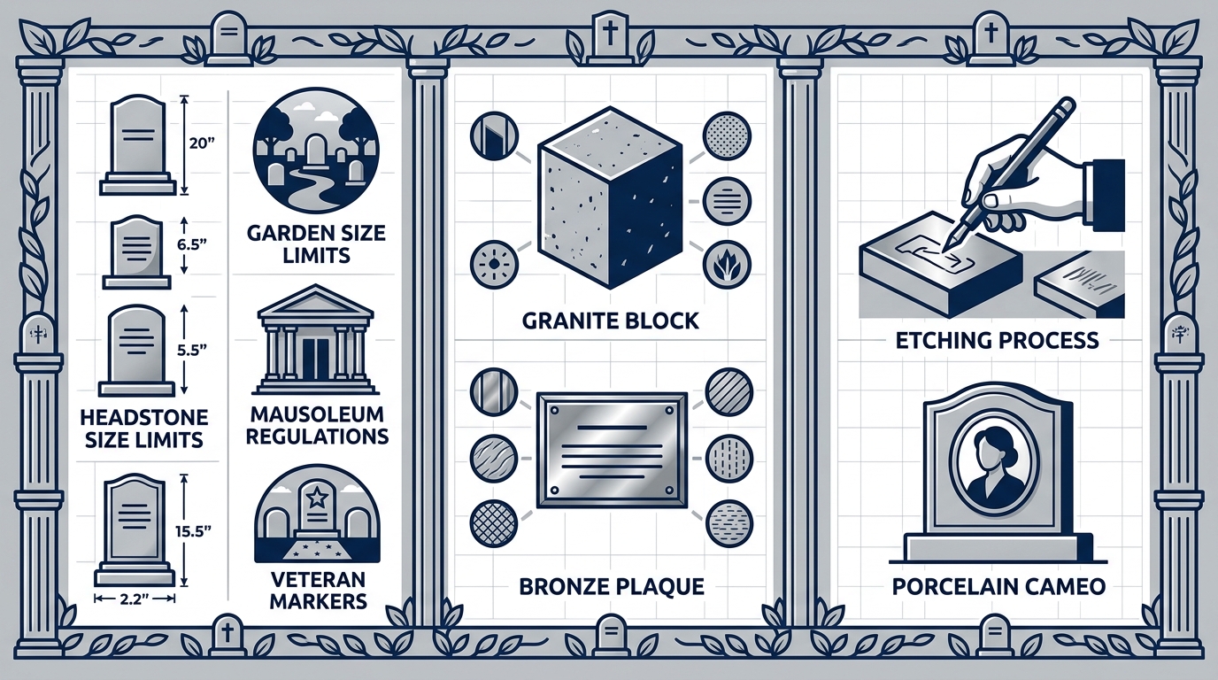 Infographic illustrating headstone size limits by section, approved materials, and photo engraving permissions at Eternal Hills Memorial Park with icons and minimal labels