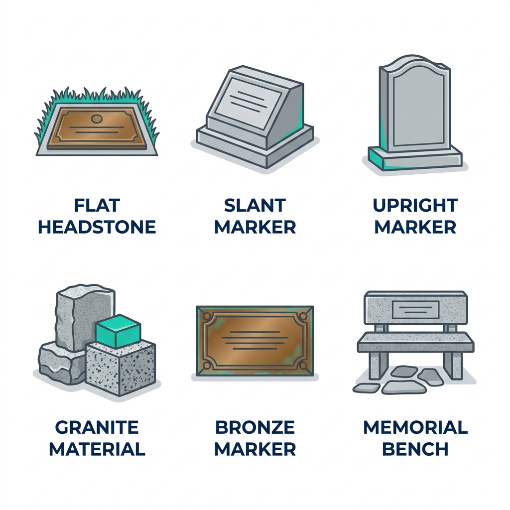Square grid of six outline icons depicting flat headstone, slant marker, upright marker, granite material, bronze marker, and memorial bench for Eternal Hills Memorial Park.