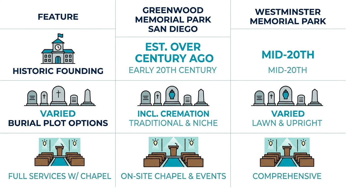 Infographic table comparing historic founding, burial options, and memorial services of Greenwood Memorial Park San Diego versus Westminster Memorial Park with icons.