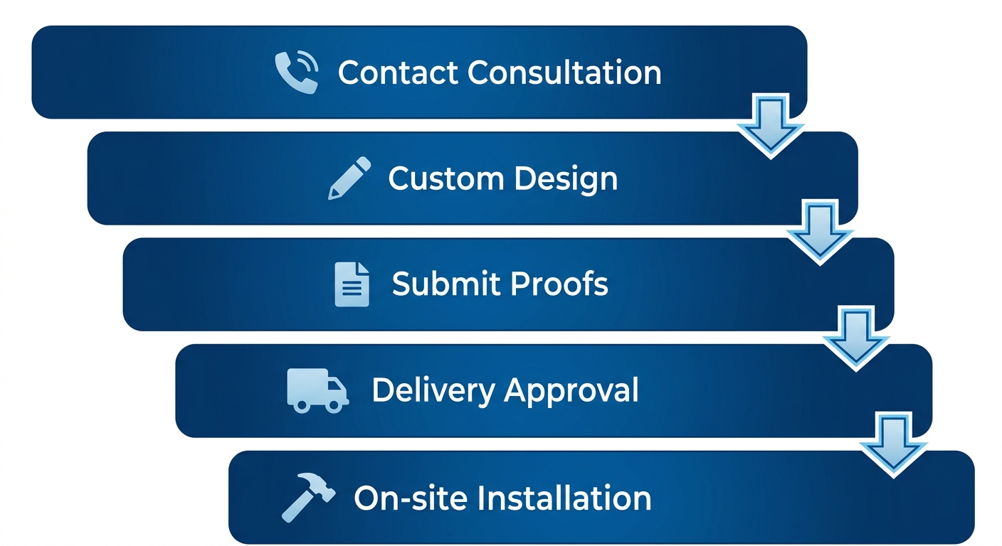 Vertical process flow diagram illustrating five steps for selecting and installing a headstone at Greenwood Memorial Park: contact consultation, custom design, submit proofs, delivery approval, and on-site installation with icons.