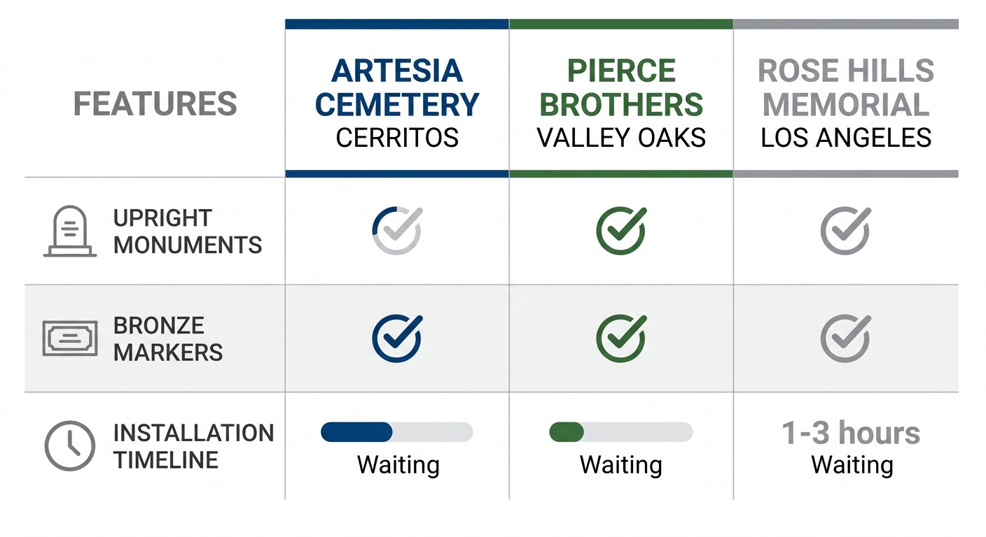 Infographic comparing memorial policies for upright monuments, bronze markers, and installation timelines at Artesia Cemetery Cerritos, Pierce Brothers Valley Oaks, and Rose Hills Memorial Los Angeles.