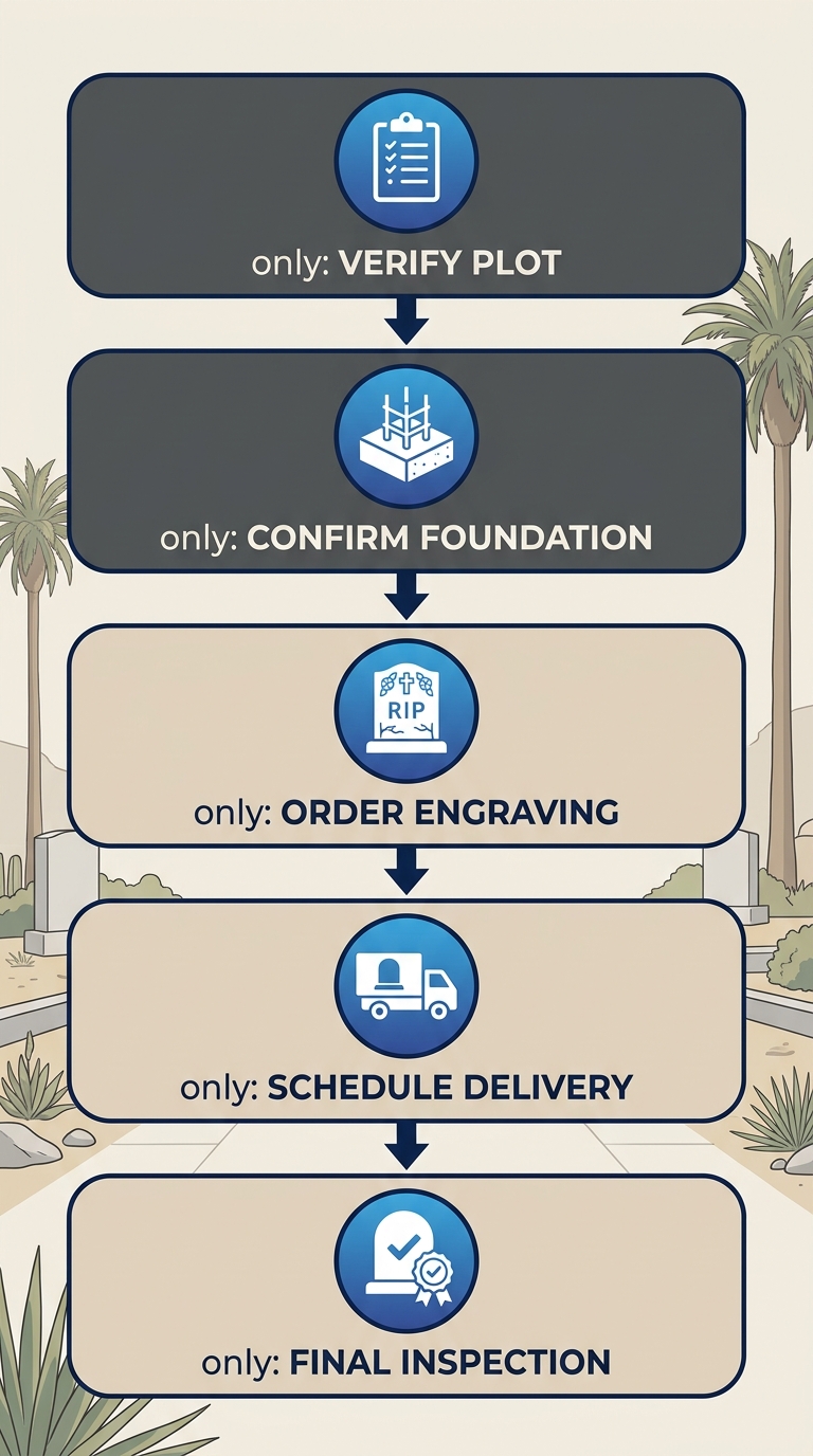 Vertical process flow diagram of 5 steps for installing a headstone at Artesia Cemetery: verify plot, confirm foundation, order engraving, schedule delivery, final inspection