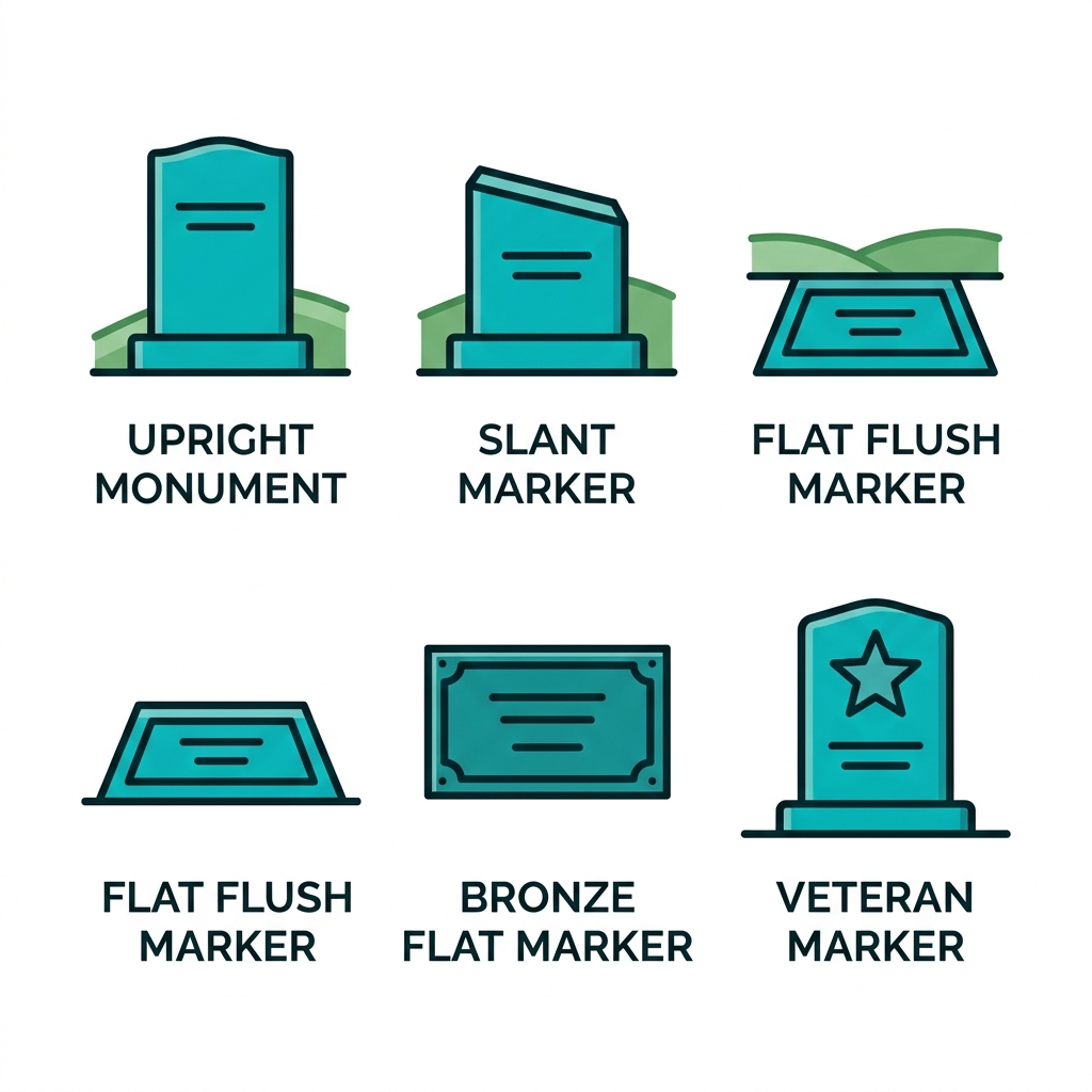 Icons of permitted grave marker types at Glen Abbey Memorial Park: upright monument, slant marker, flat flush marker, bronze flat marker, veteran marker.