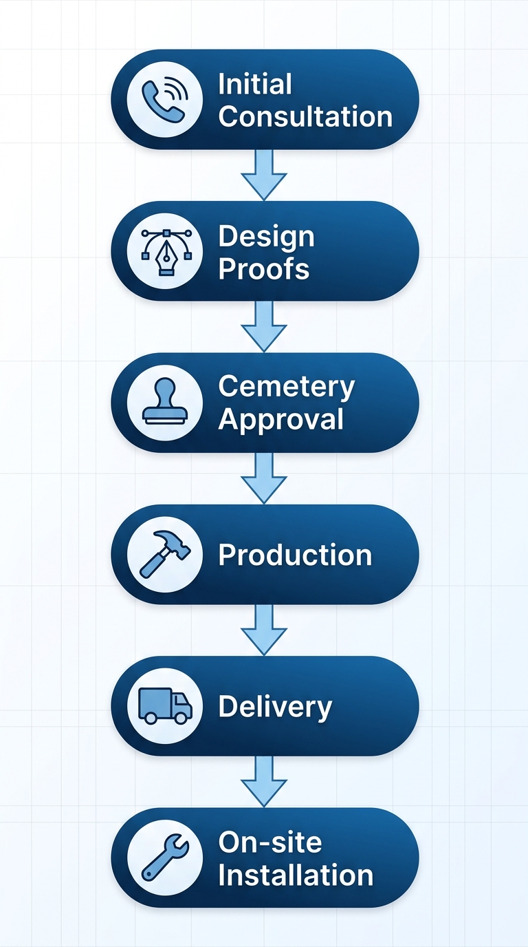 Vertical process flow diagram of 6 steps for ordering and installing memorials at Glen Abbey Memorial Park: consultation, design, approval, production, delivery, installation.