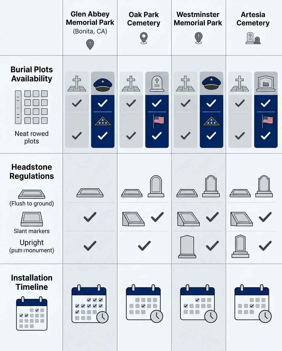 Infographic comparing burial plots availability, headstone regulations, and installation timelines for Glen Abbey, Oak Park, Westminster, and Artesia memorial parks