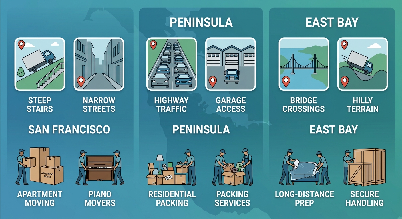 Infographic of Bay Area moving zones showing neighborhood challenges and specialized services