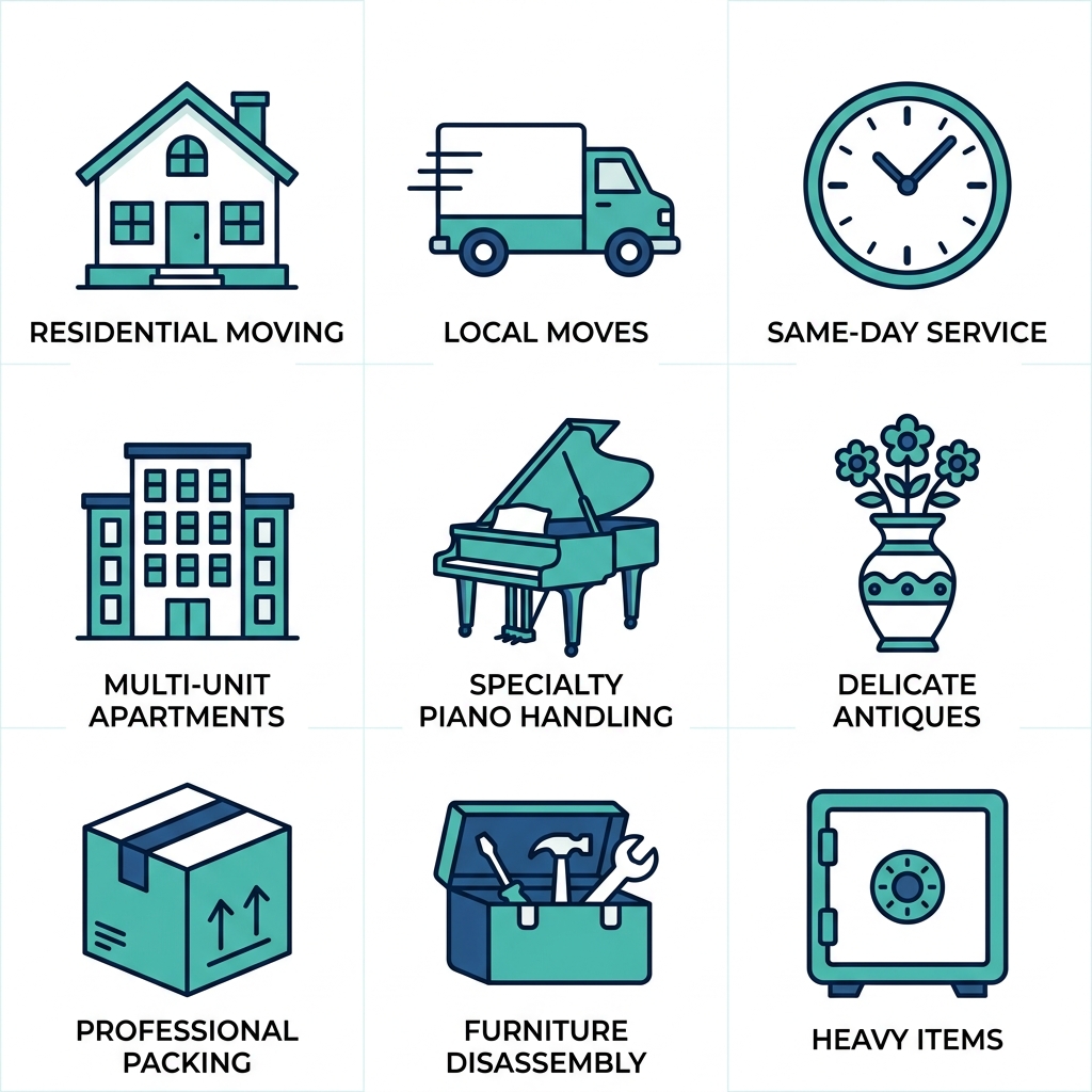3x3 grid of flat outline icons representing Bay Area Movers services: residential, local moves, same-day, apartments, piano, antiques, packing, furniture disassembly, heavy items with short labels.