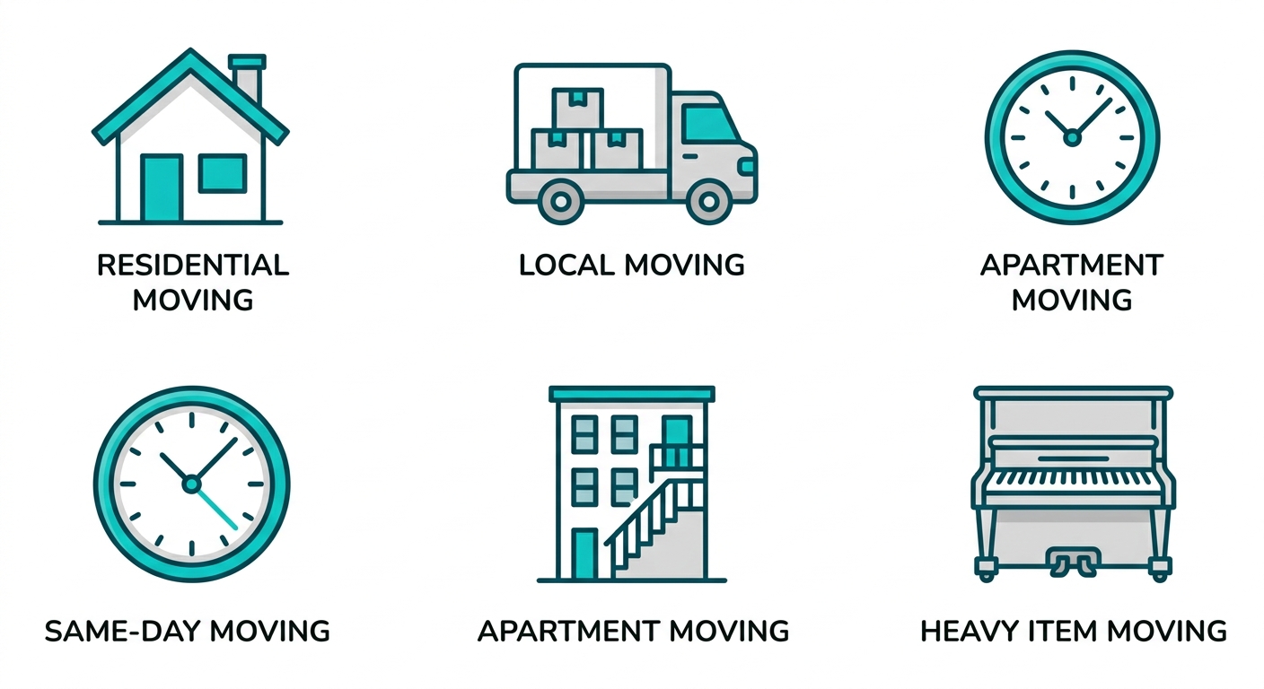 Square grid of six outline icons depicting essential moving services: residential house, local truck, same-day clock, apartment stairs, packing box, heavy piano.