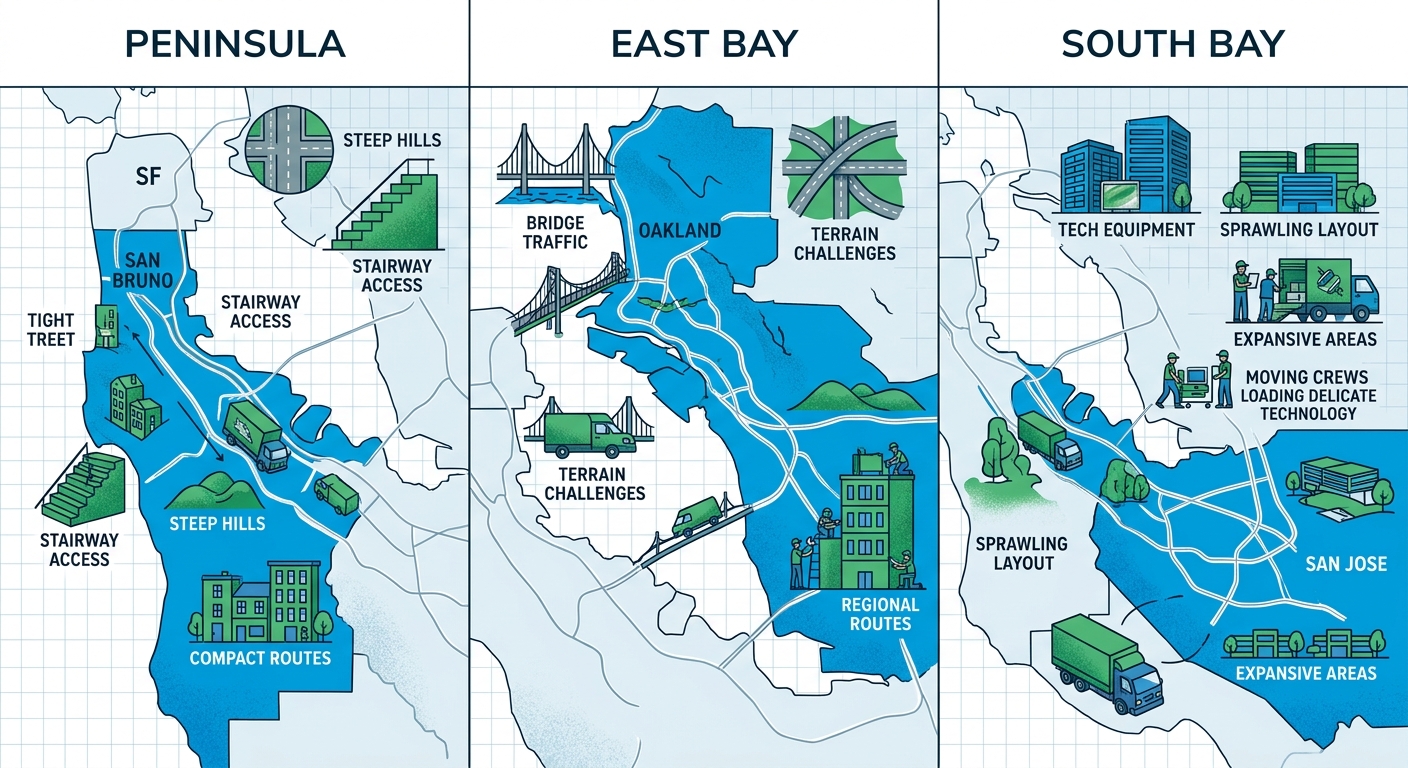 Infographic of Bay Area regions: Peninsula, East Bay, South Bay with moving challenge icons and local expertise symbols