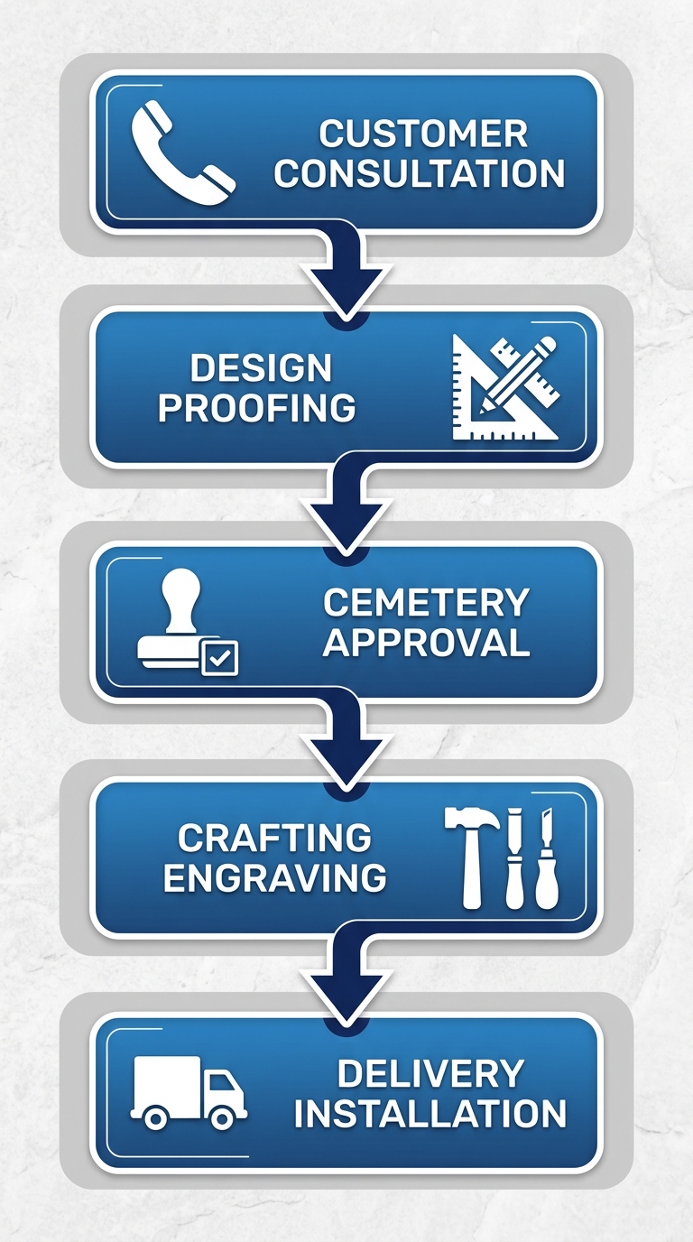 Vertical process flow chart of five steps to order a headstone in Los Angeles: consultation, design, approval, crafting, delivery and installation