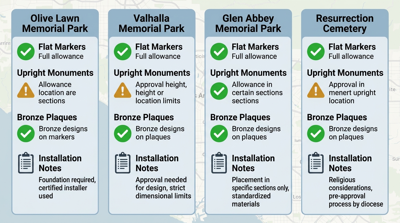 Infographic comparing monument allowances and installation requirements at Los Angeles area cemeteries using icons