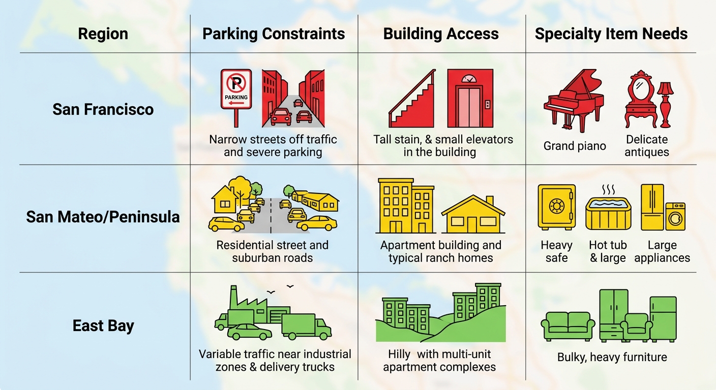Infographic comparing Bay Area moving challenges by region: parking, building access, and specialty items for San Francisco, San Mateo/Peninsula, and East Bay