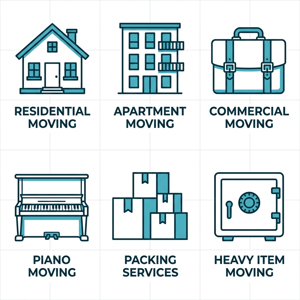 2x3 grid of flat outline icons for Bay Area Moving services: residential moving house, apartment building, commercial briefcase, piano, stacked boxes packing, heavy safe appliance, with short labels below each on white background