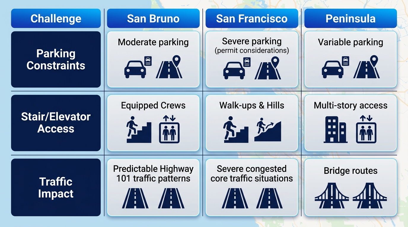 Infographic comparing moving challenges like parking, stairs, and traffic in San Bruno, San Francisco, and Peninsula