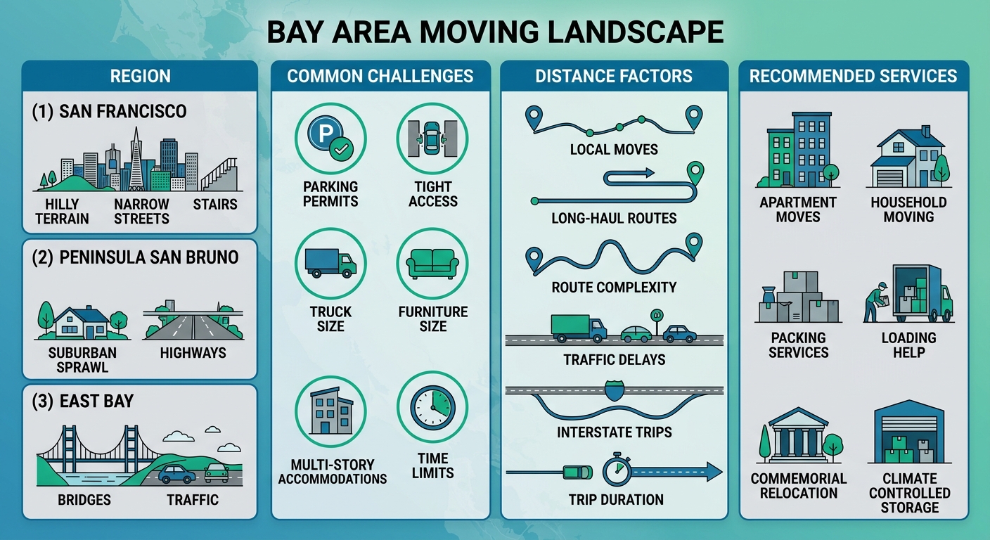 Infographic comparing Bay Area moving regions, challenges, distances, and services with icons and map background