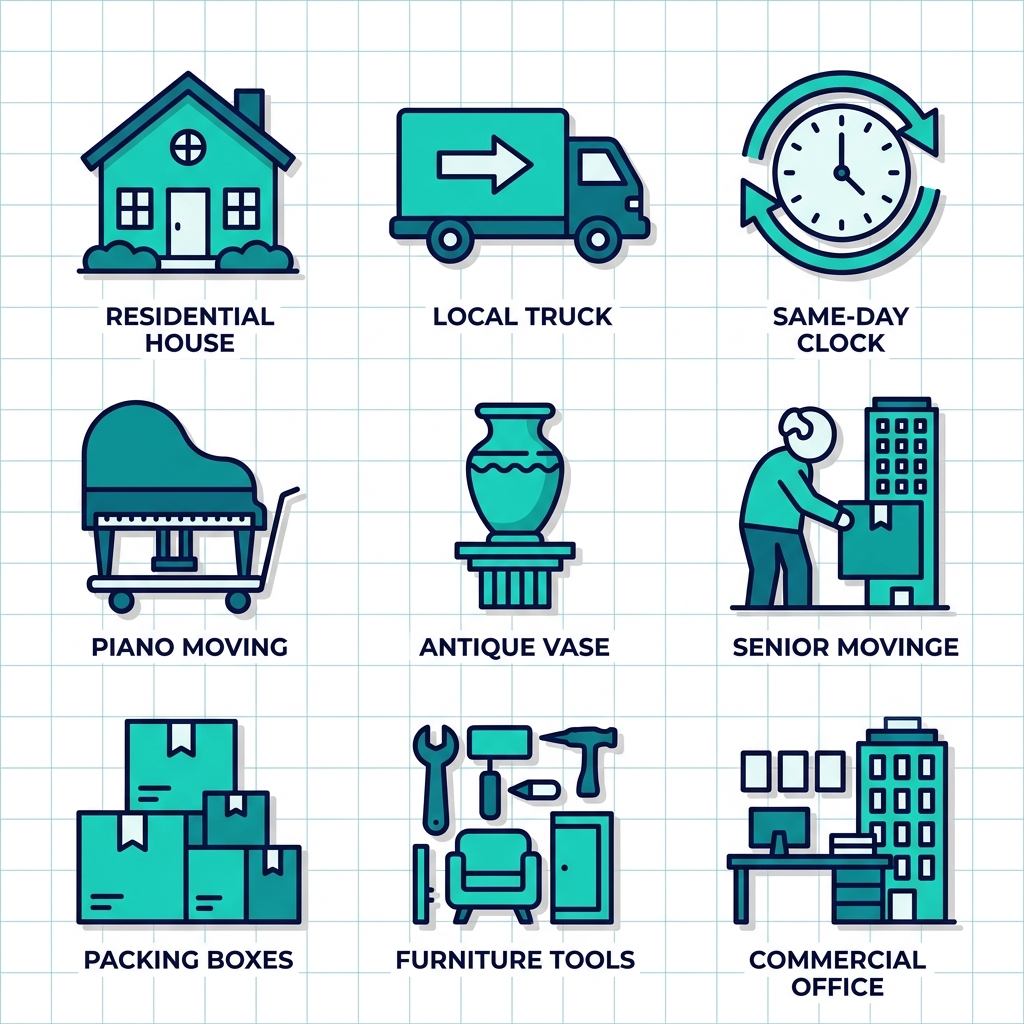 Grid of 10 icons depicting comprehensive Bay Area moving services: residential, local, same-day, apartments, pianos, antiques, seniors, packing, furniture, and commercial.