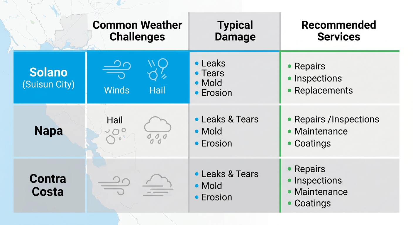 Infographic comparing weather challenges, typical damage, and recommended roofing services across Solano, Napa, and Contra Costa counties