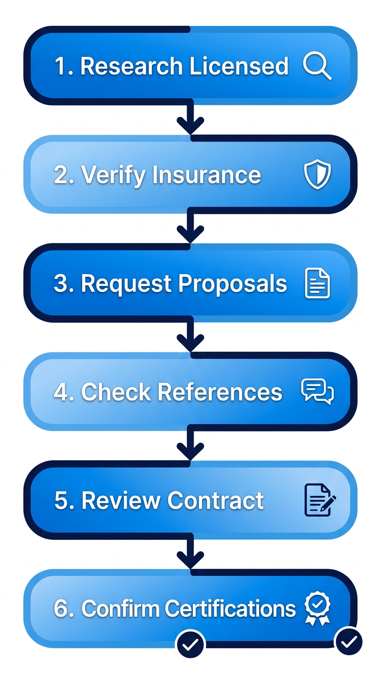 Vertical process flow diagram with six steps for hiring a Bay Area roofing contractor, including research, verification, and confirmation icons