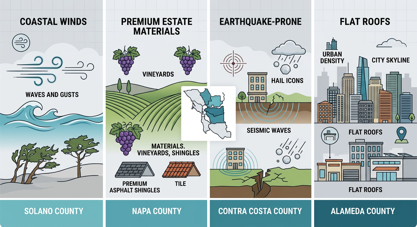 Infographic overview of Bay Area roofing factors by county with icons, gradient bars, and central map