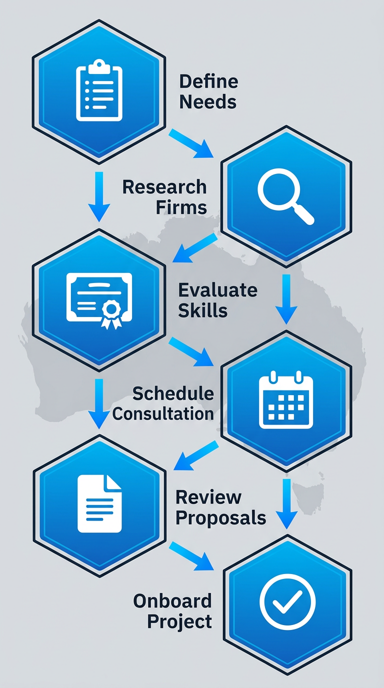 Vertical process flow diagram with six steps for engaging a Power BI company in Australia, featuring icons and gradient blue design.