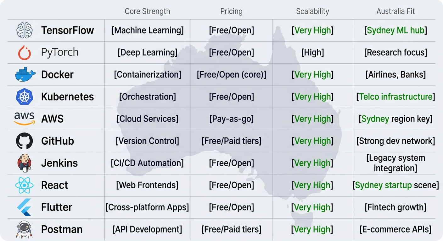 Infographic comparing top custom software tools in Australia: TensorFlow, PyTorch, Docker, Kubernetes, AWS, GitHub, Jenkins, React, Flutter, Postman across strength, pricing, scalability, local fit.